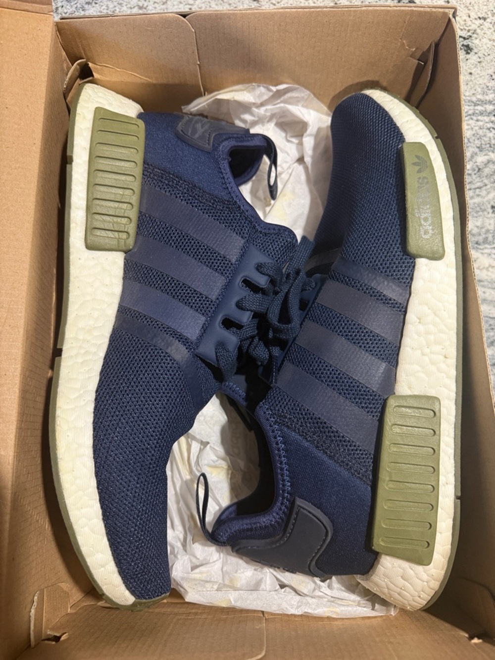 adidas NMD R1 “Collegiate Navy Olive Cargo”Blue Mesh Sneakers with Olive Accents